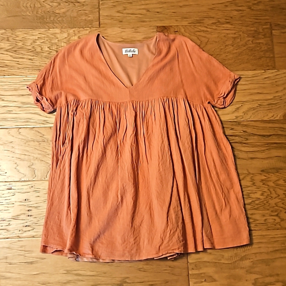 Listicle Oversized Drape Top Orange Salmon Short Sleeve Deep V Small Terracotta